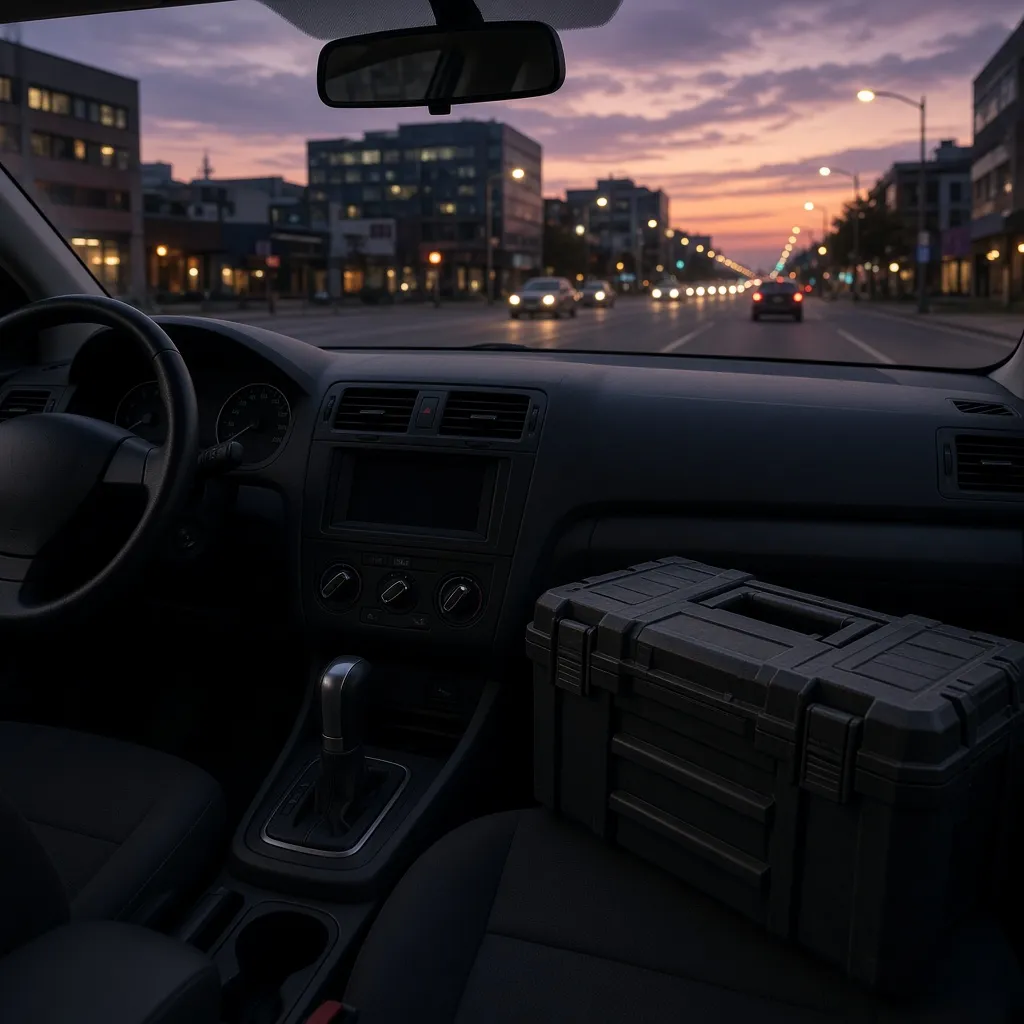 Painel de carro com caixa de ferramentas no banco, numa rua ao entardecer. Imagem ilustrativa