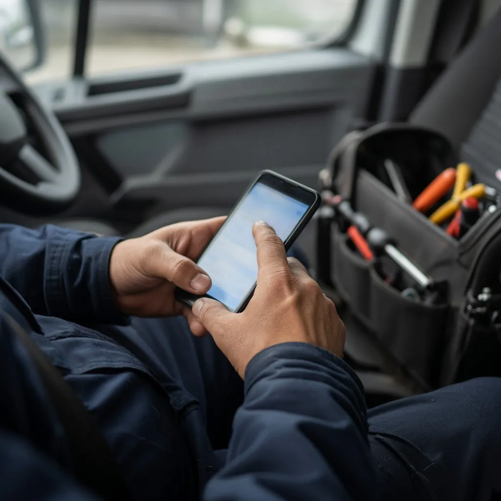 Mãos de um prestador digitando no celular dentro do carro, com ferramentas ao lado. Imagem ilustrativa