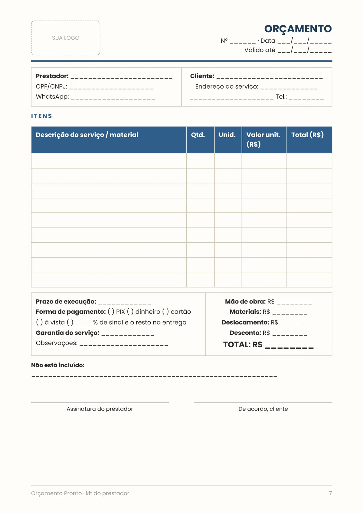 Página real do PDF Orçamento Pronto: modelo de orçamento