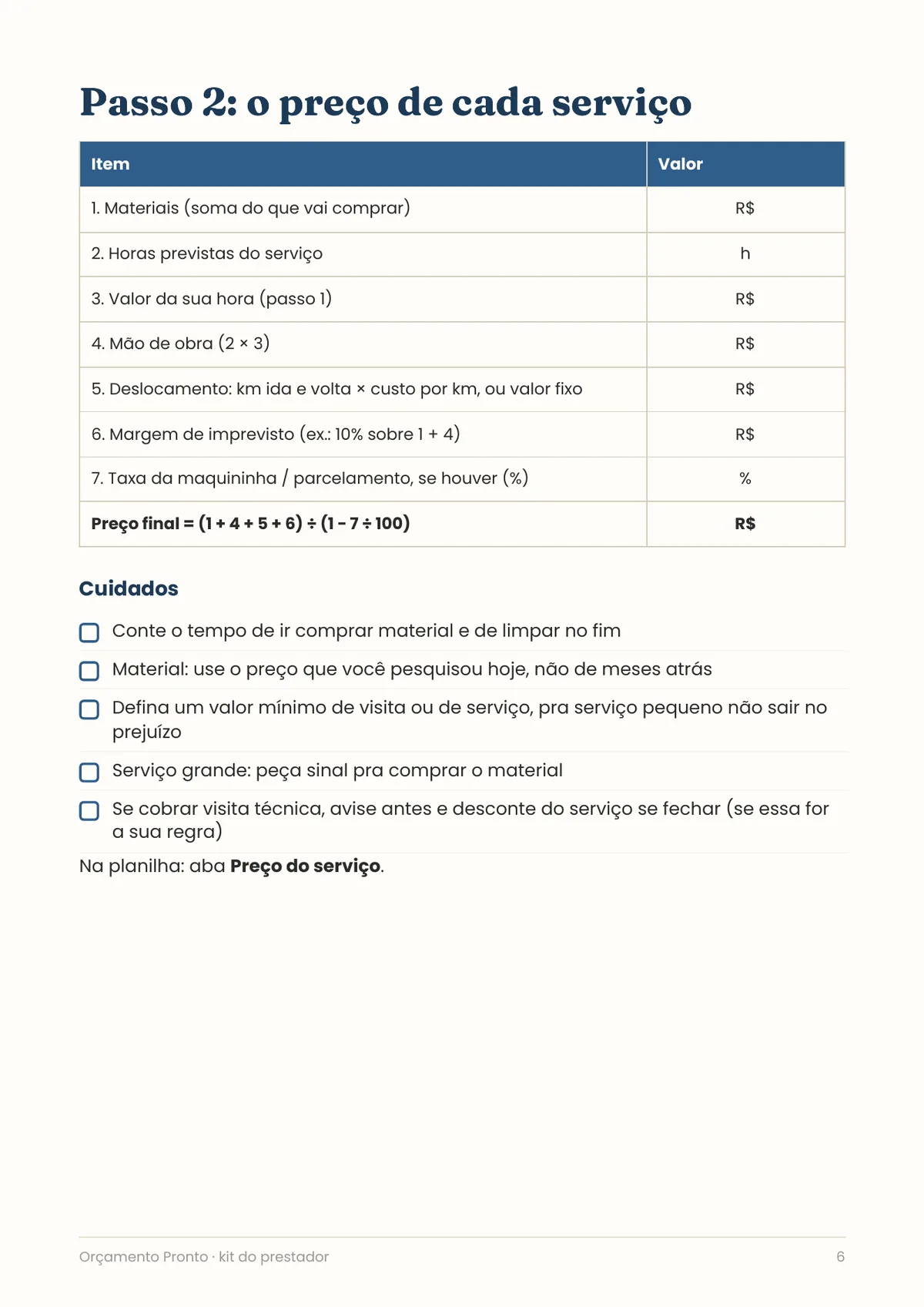 Página real do PDF Orçamento Pronto: planilha de preço