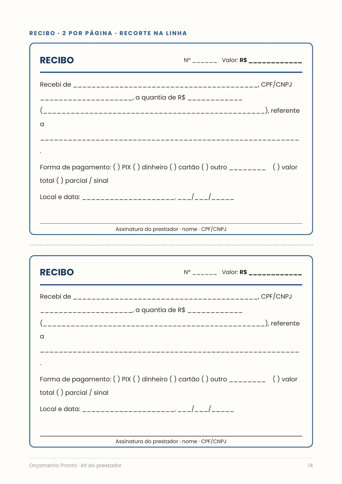 Página real do PDF Orçamento Pronto: recibo