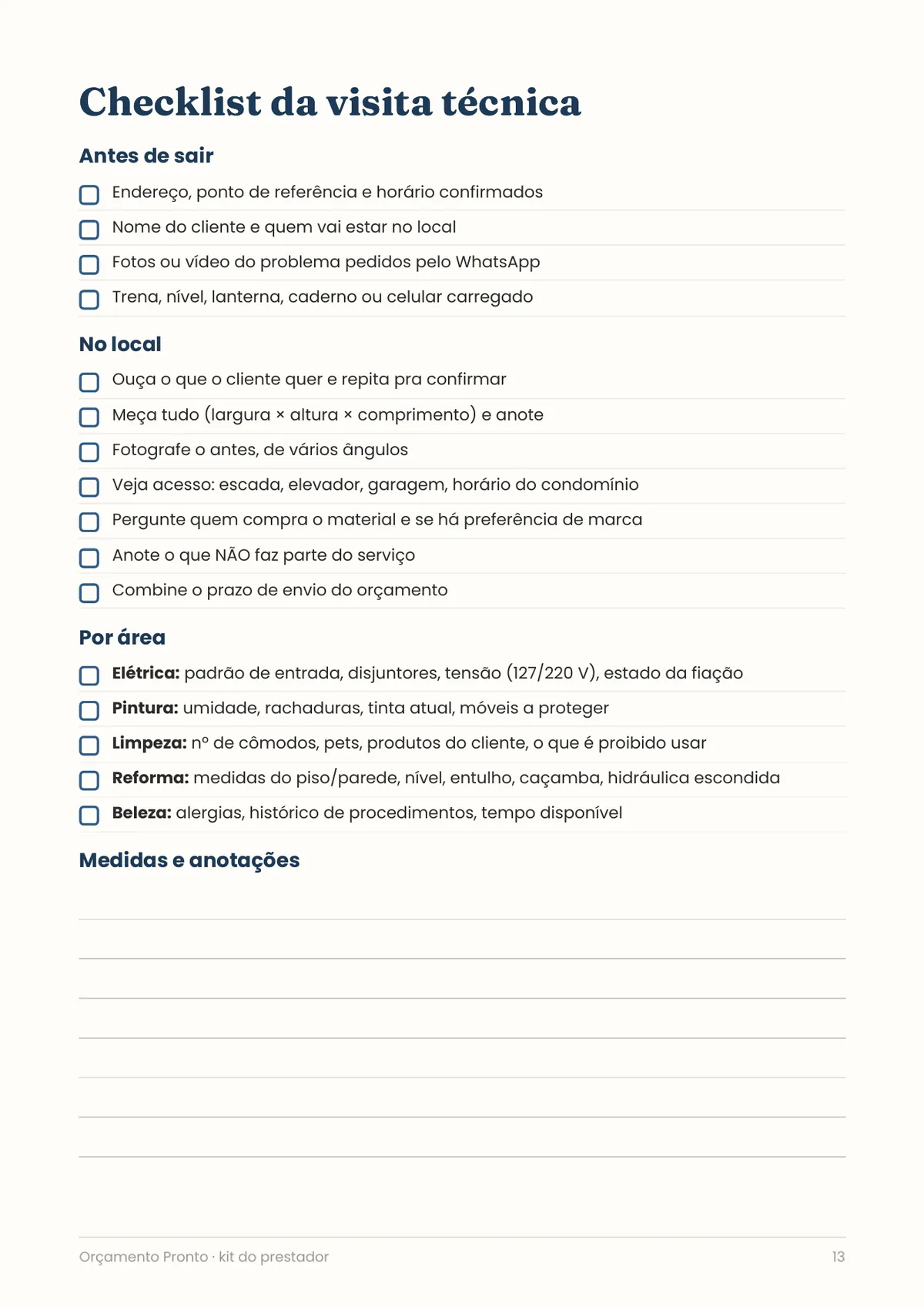 Página real do PDF Orçamento Pronto: lista da visita técnica